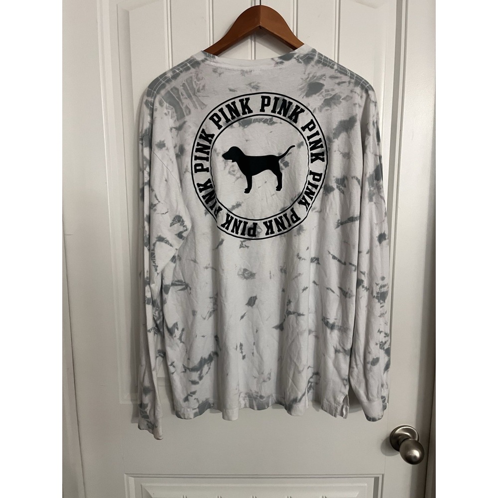 Victoria's Secret PINK White Gray Tie Dye Dog Pocket Long Sleeve Tee Large‎ L